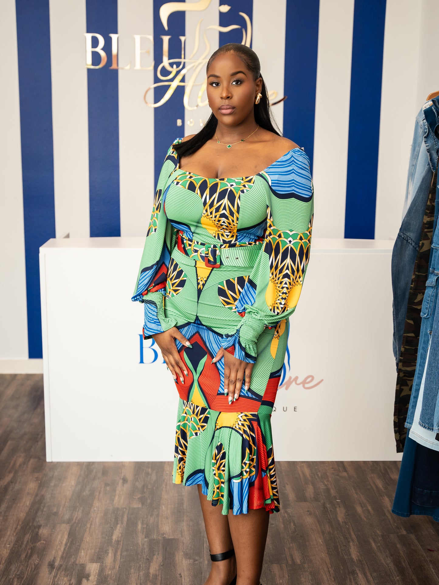 Green plus size print dress with belt
