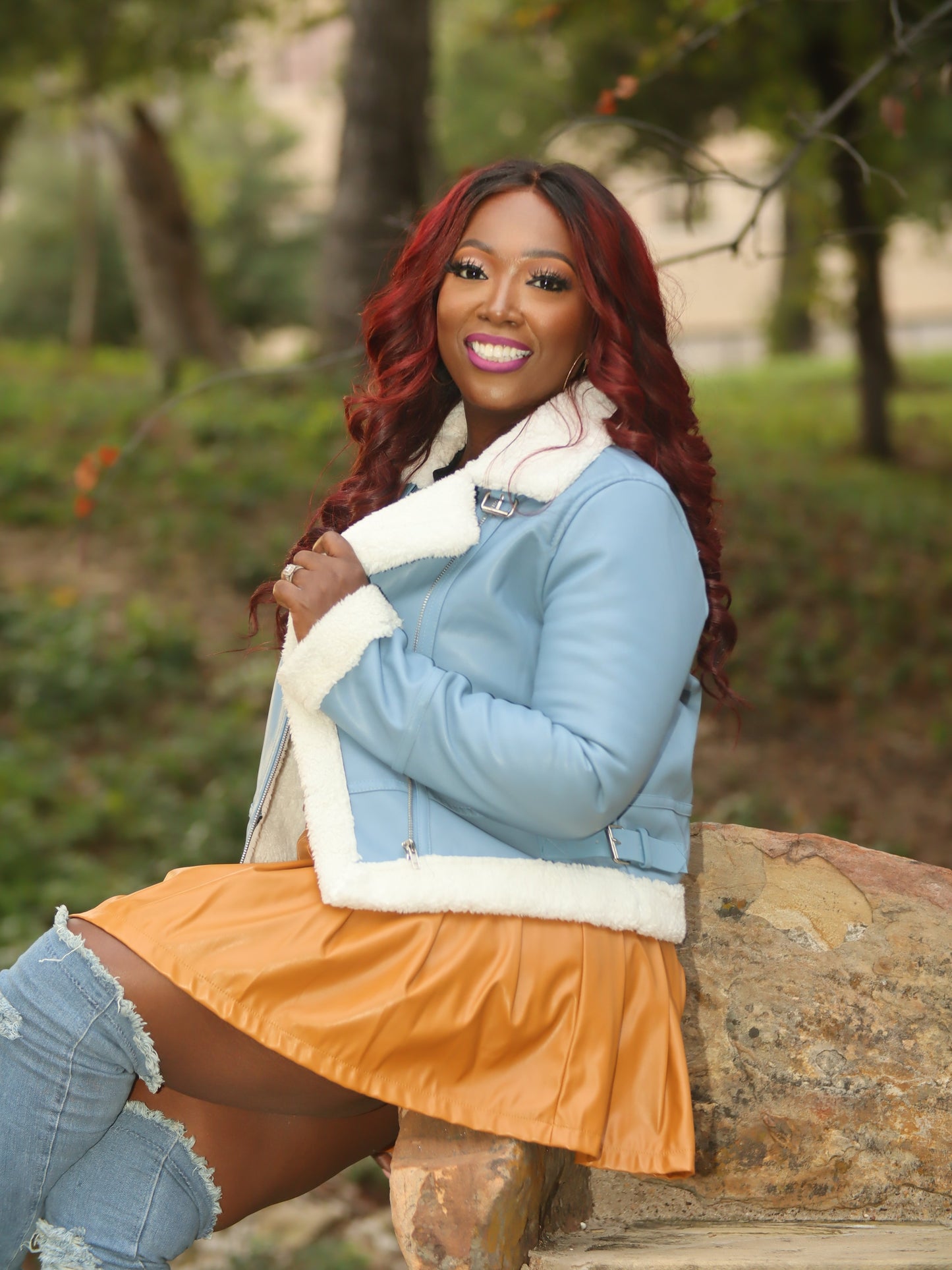 Sky blue faux leather jacket