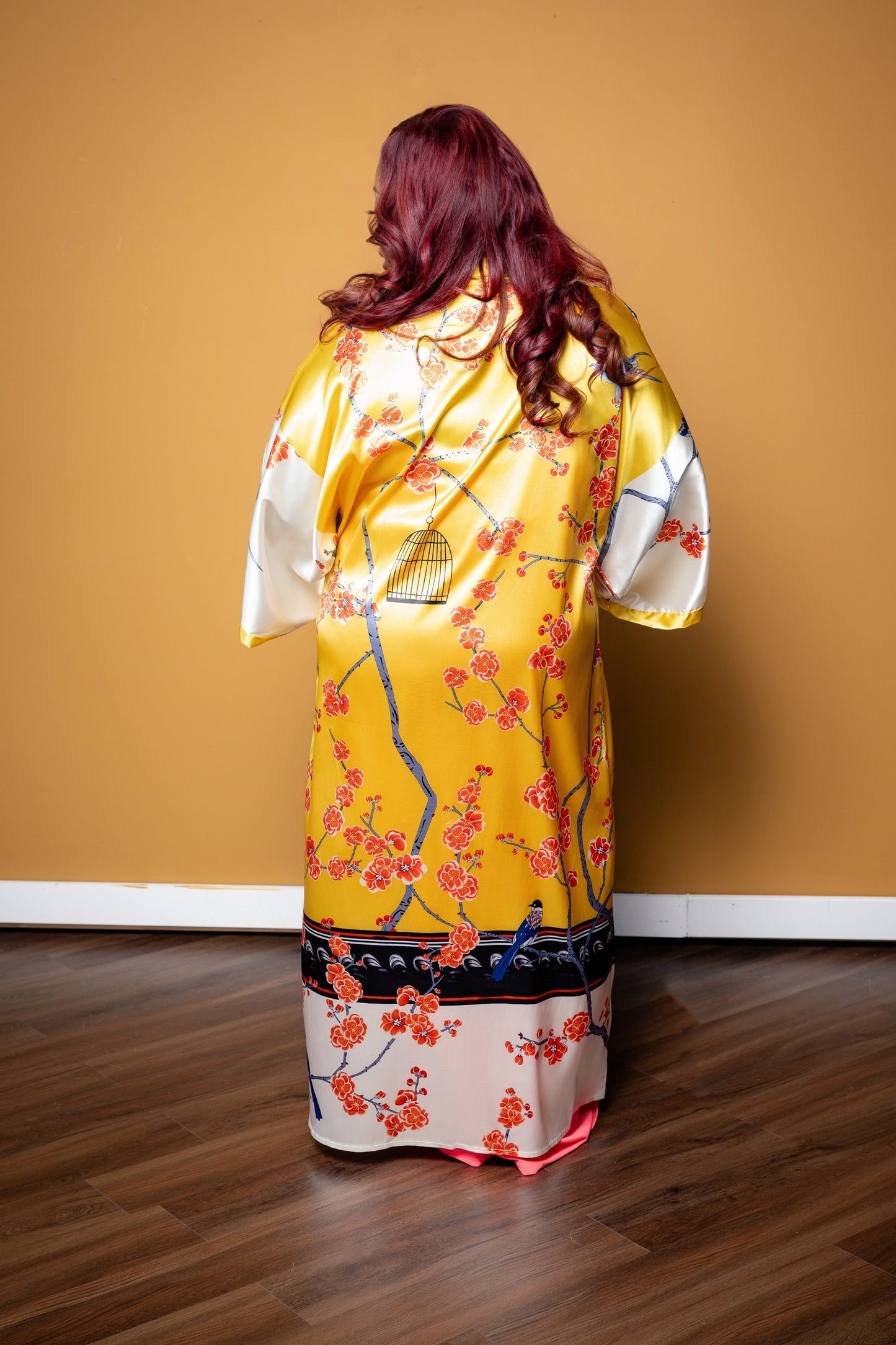 Yellow multi color print kimono