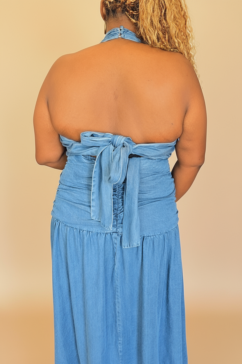 Plus size denim halter maxi dress