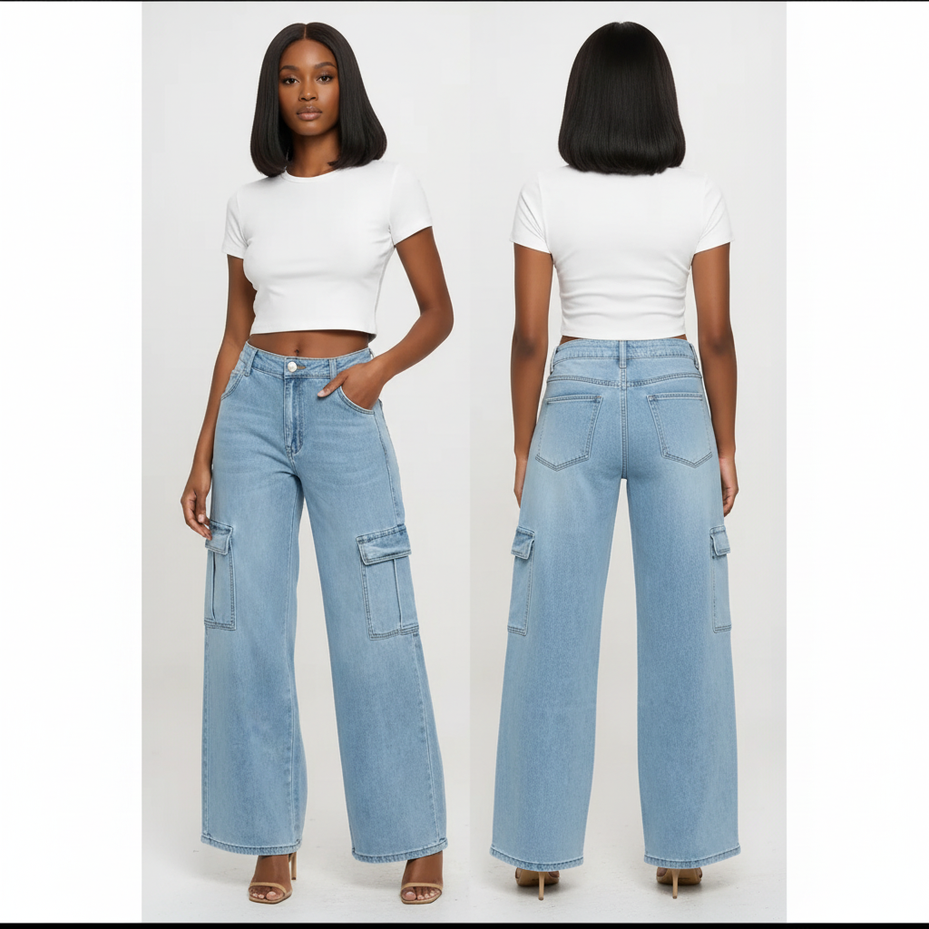 High waisted stretchy cargo jeans