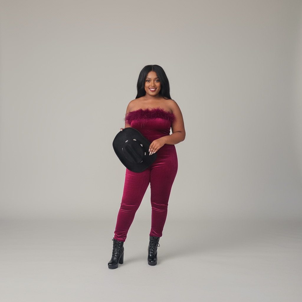 Burgundy halter jumpsuit with feathers