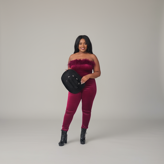 Burgundy halter jumpsuit with feathers