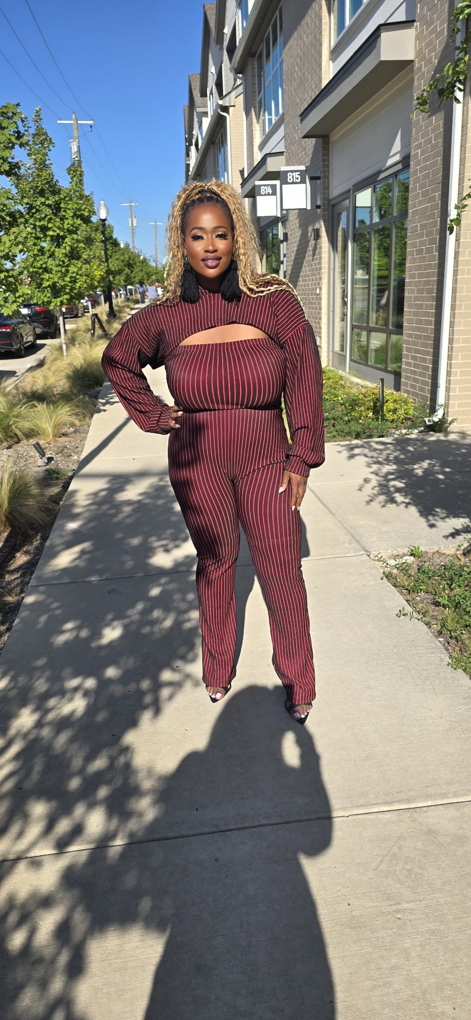 Red and black ribbed 2 pc jumpsuit 