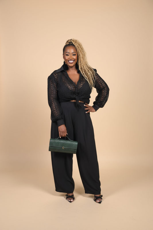 Crochet shirt with black flowy pants