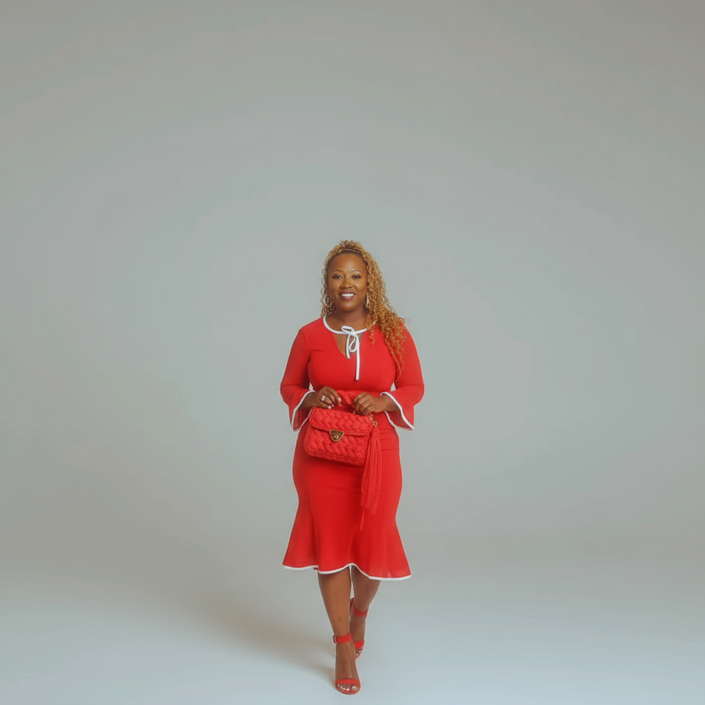 Red mermaid dress with bell sleeve. Perfect for tea date, brunch, or church 