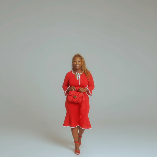 Red mermaid dress with bell sleeve. Perfect for tea date, brunch, or church 