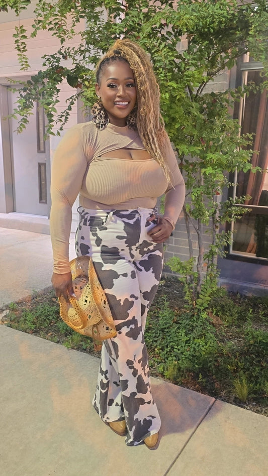 Cow print wide leg jeans