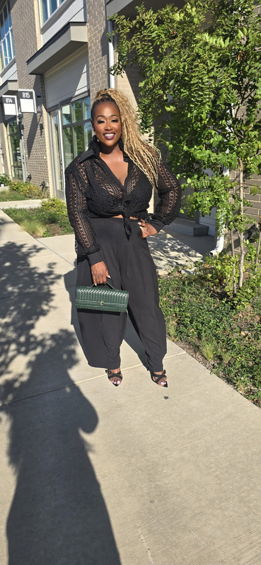 Black crochet plus size pant set