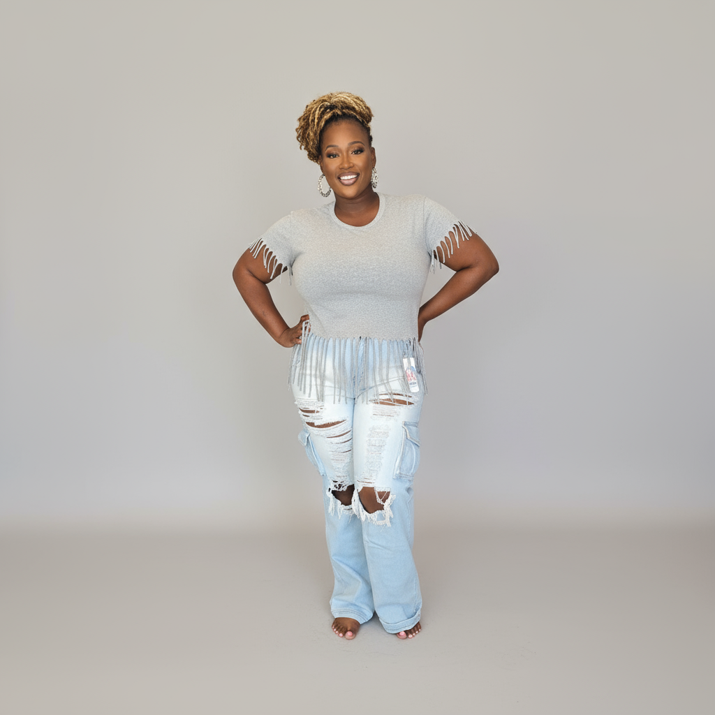 Lightwash distressed denim cargo jeans