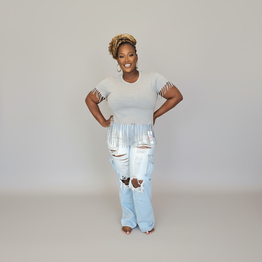 Lightwash distressed denim cargo jeans