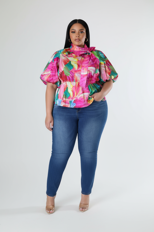 Floral print plus size blouse
