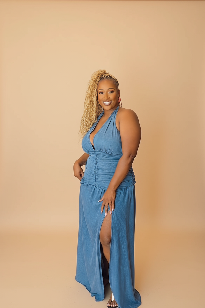 Plus size denim halter maxi dress with front split