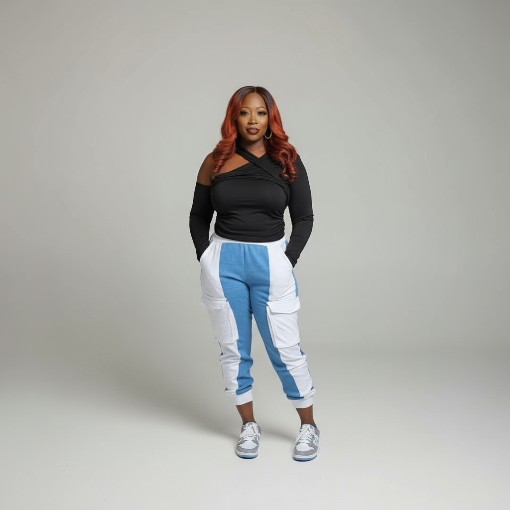 Denim and white joggers