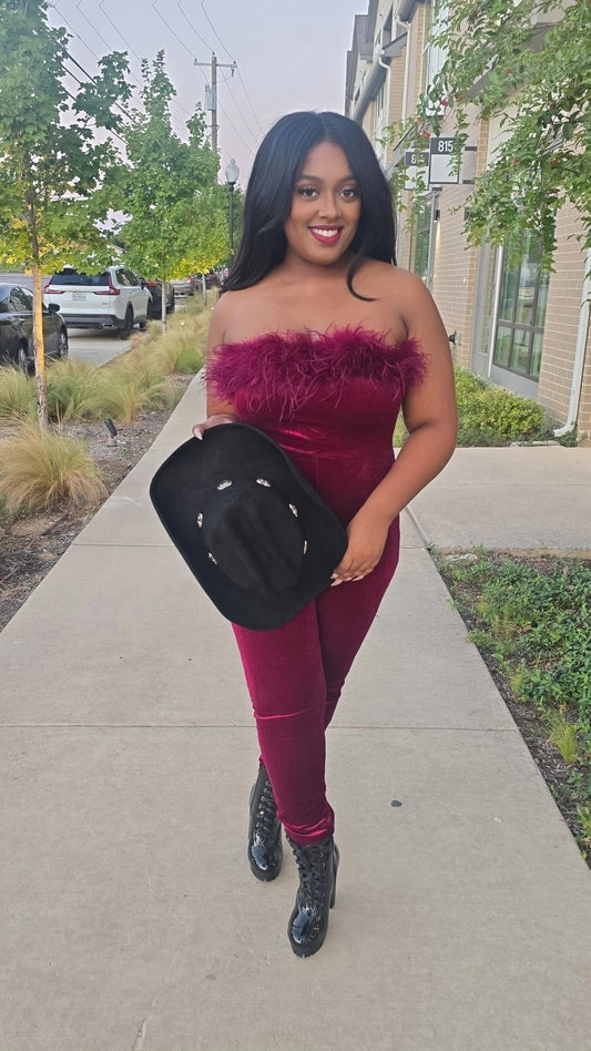 Burgundy halter jumpsuit with feathers