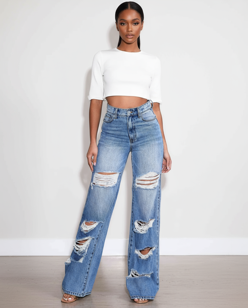 Distressed denim jeans inseam 34 inches. Minimal stretch 