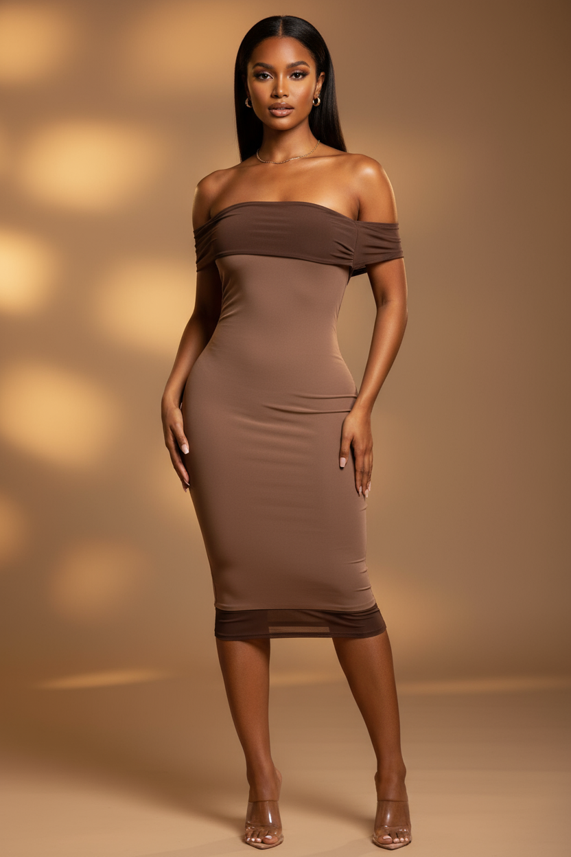 Brown off the shoulder midi dress. Perfect for dinner date, girls night out or special occasion.