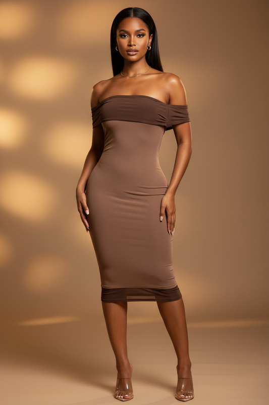 Brown off the shoulder midi dress. Perfect for dinner date, girls night out or special occasion.